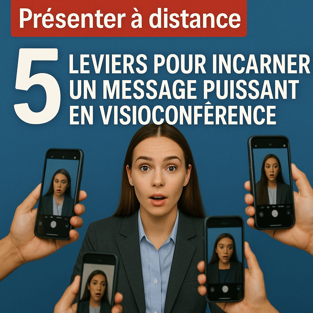 Femme en train de présenter en visioconférence, entourée de smartphones affichant son image, illustrant les leviers pour capter l’attention à distance.