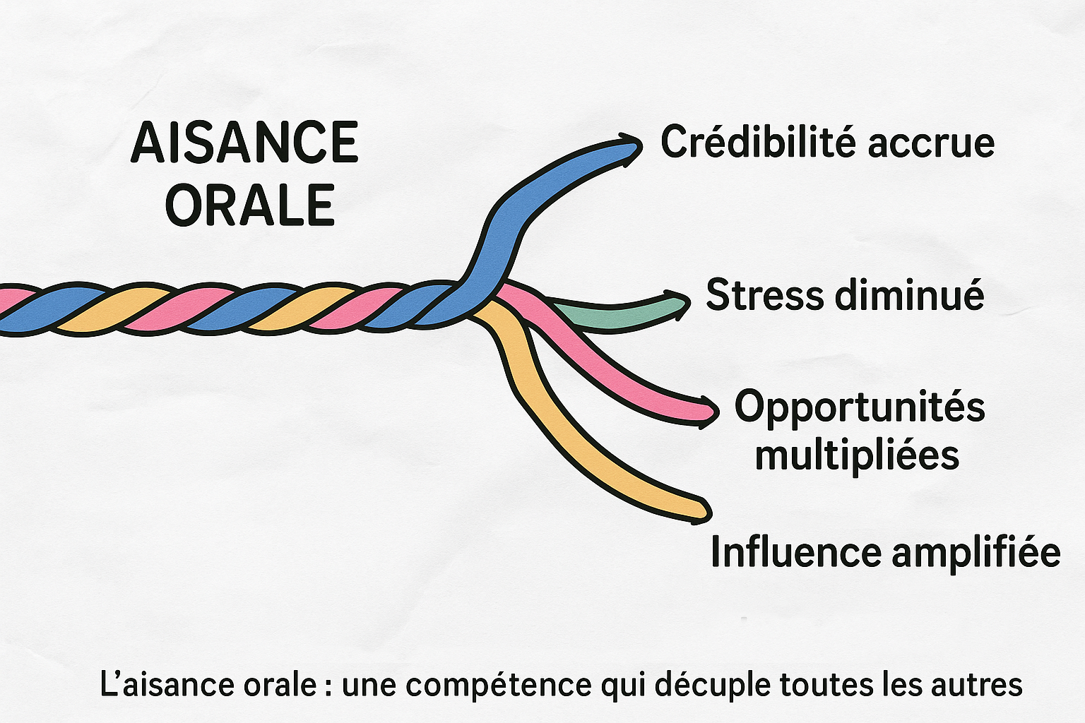 Infographie illustrant les bénéfices de prendre la parole avec aisance en entreprise : augmentation de la crédibilité, réduction du stress, multiplication des opportunités et renforcement de l’influence. L’aisance orale est représentée comme un fil tressé déployant plusieurs compétences clés.