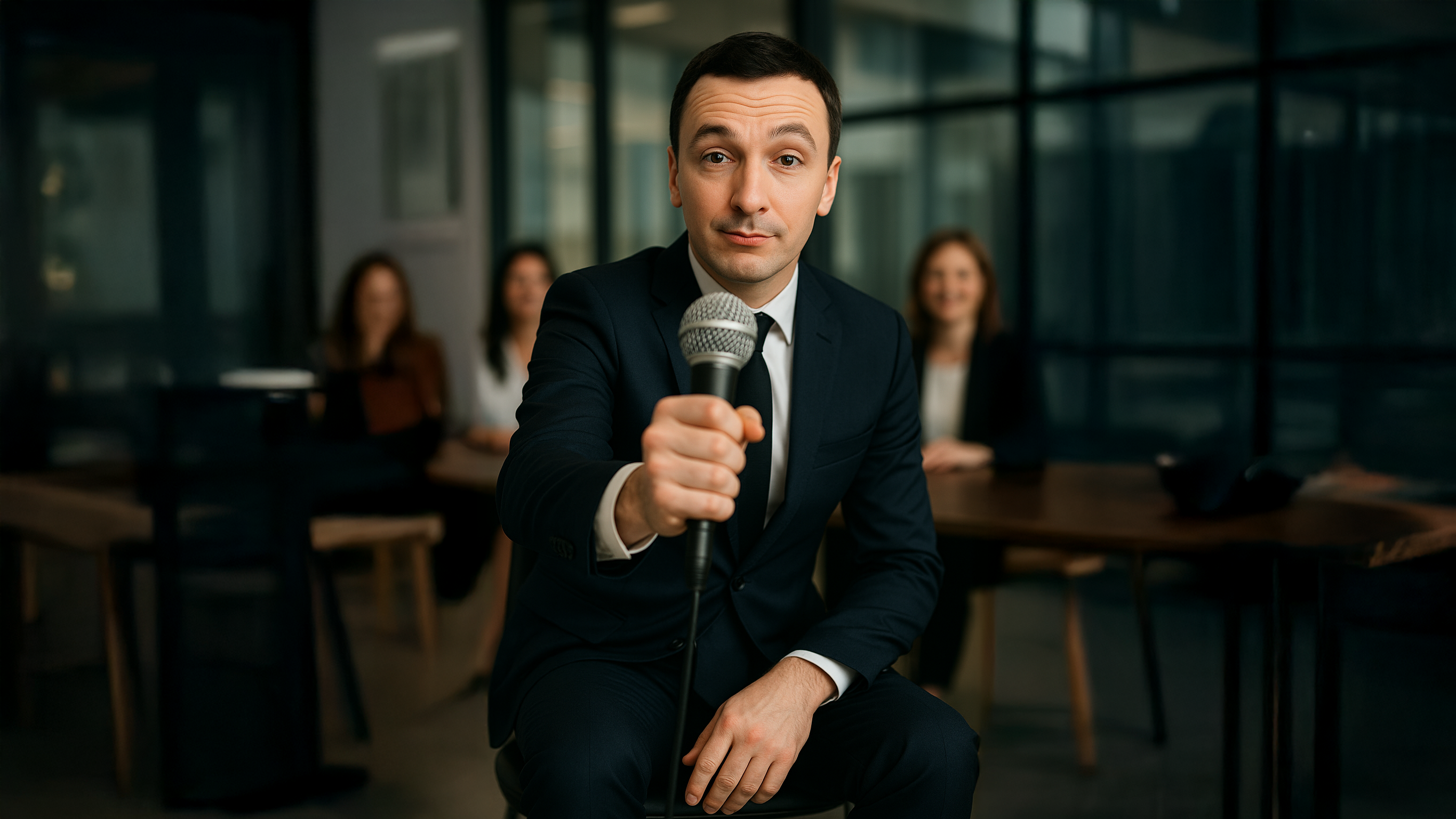 Un homme en costume tend un micro en avant dans une salle de réunion, illustrant le concept de prendre la parole avec aisance en contexte professionnel.
