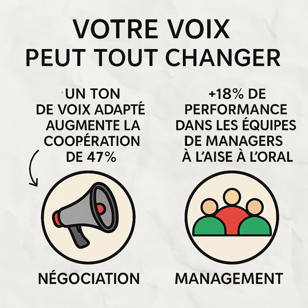 Infographie illustrant l’impact de la voix en entreprise : un ton de voix adapté augmente la coopération de 47 % en négociation, et les managers à l’aise à l’oral améliorent la performance de leurs équipes de 18 %.
