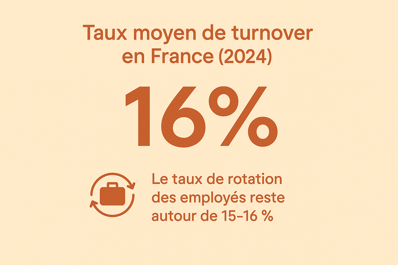 Infographie sur le taux moyen de turnover en France en 2024 : 16 %, un taux de rotation des employés stable autour de 15 à 16 %.
