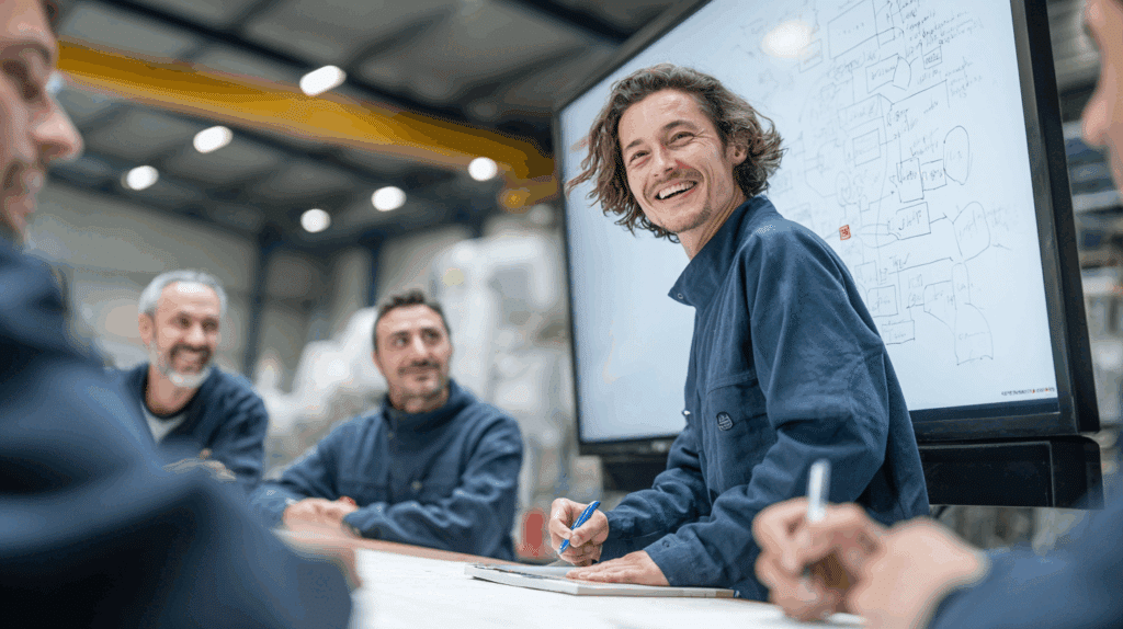 Un stagiaire souriant participe à une formation en atelier industriel, illustrant l’importance de l’apprentissage, de la convivialité et de la fidélisation des talents.