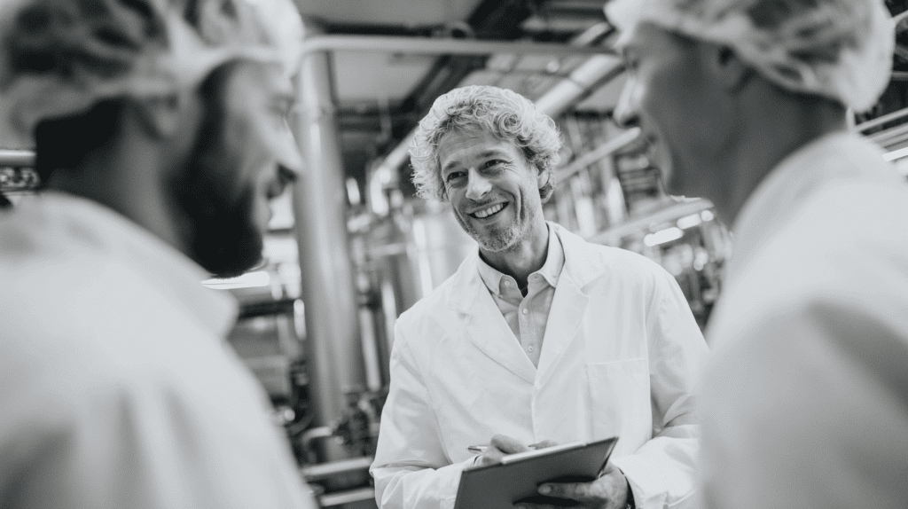 Un manager en blouse blanche échange avec ses collaborateurs dans une usine agroalimentaire, illustrant le management de proximité et la fidélisation des employés.