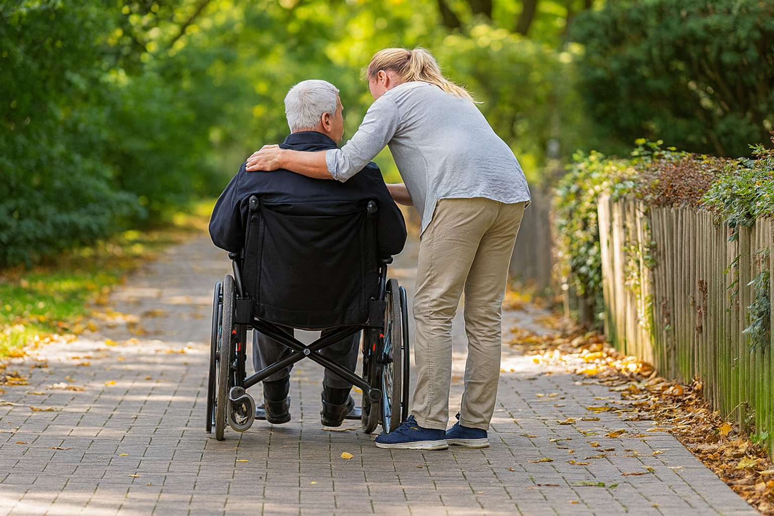 Une salariée aidante accompagne un proche âgé en fauteuil roulant lors d’une promenade, illustrant l’équilibre entre vie professionnelle et rôle d’aidant.