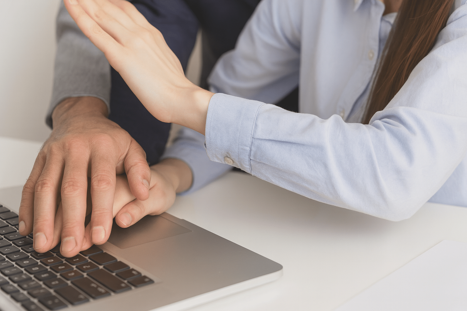 Une femme repousse la main d’un collègue posée sur la sienne au-dessus d’un clavier d’ordinateur portable, illustrant le rôle du référent harcèlement dans la prévention des comportements intrusifs au travail.