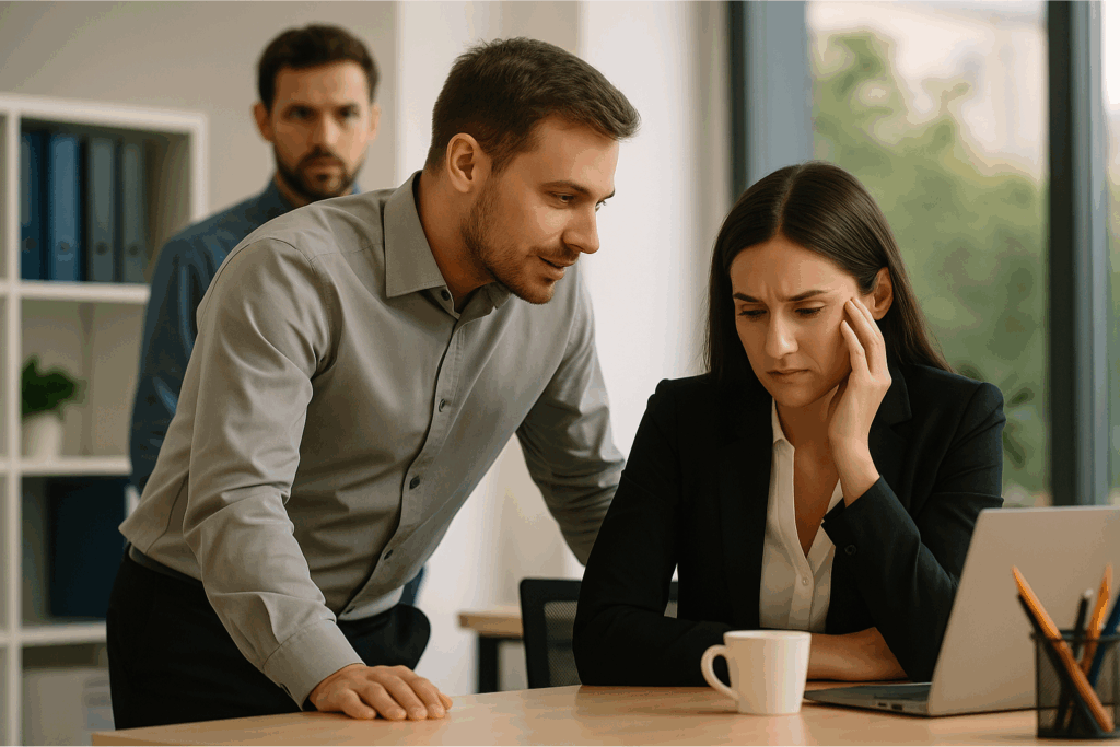 Un homme se penche trop près d’une collègue visiblement mal à l’aise à son bureau, tandis qu’un autre collègue observe la scène en arrière-plan.