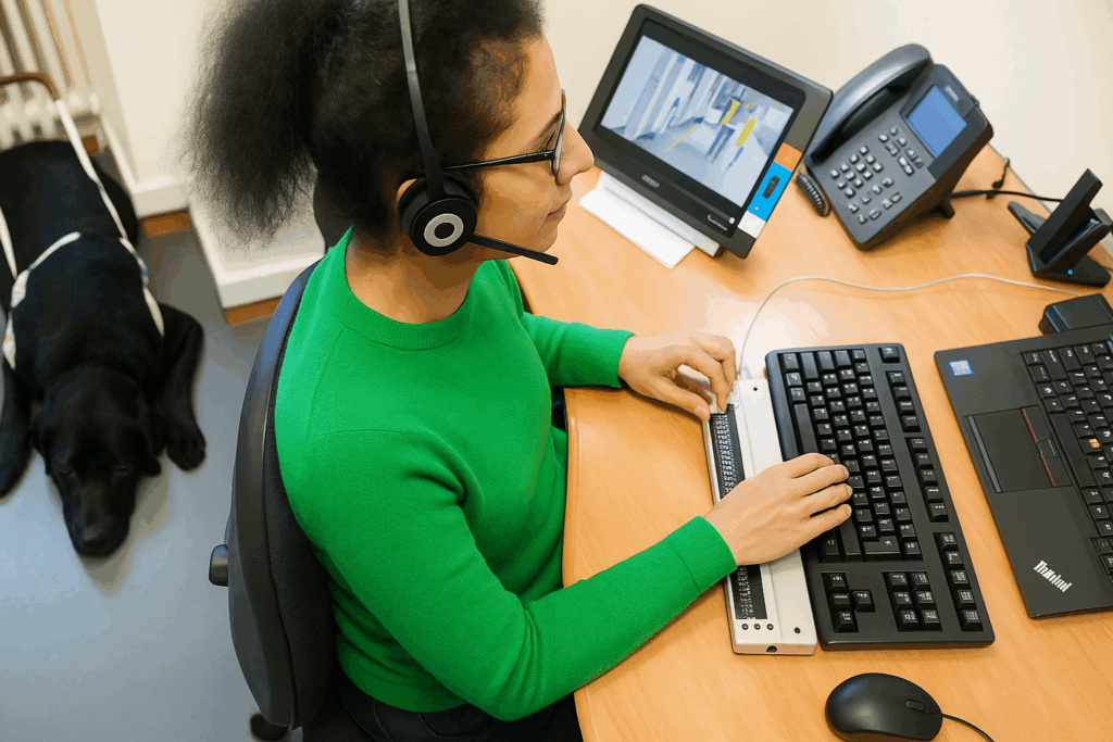 Salariée malvoyante utilisant une plage braille au travail, dans le cadre d’un accompagnement assuré par le référent handicap