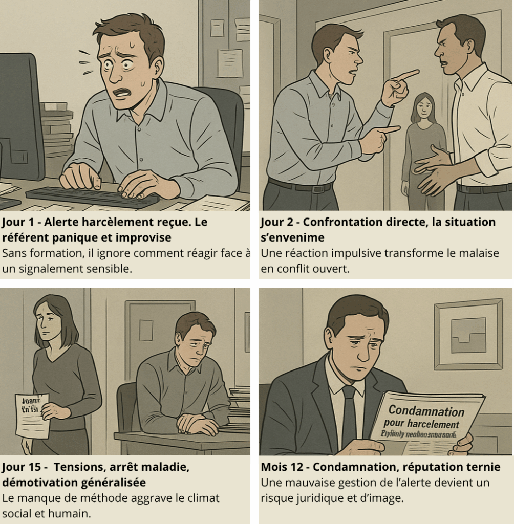 Bande dessinée en quatre vignettes illustrant les conséquences d’un référent harcèlement non formé en entreprise, de la panique initiale à la condamnation finale.