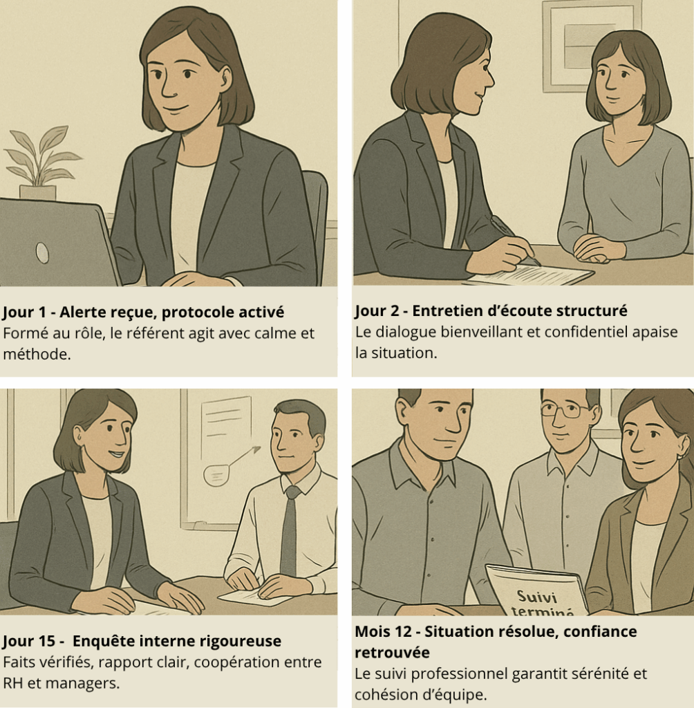 Bande dessinée en quatre vignettes illustrant la bonne gestion d’une alerte de harcèlement par un référent formé, du protocole initial à la résolution apaisée.