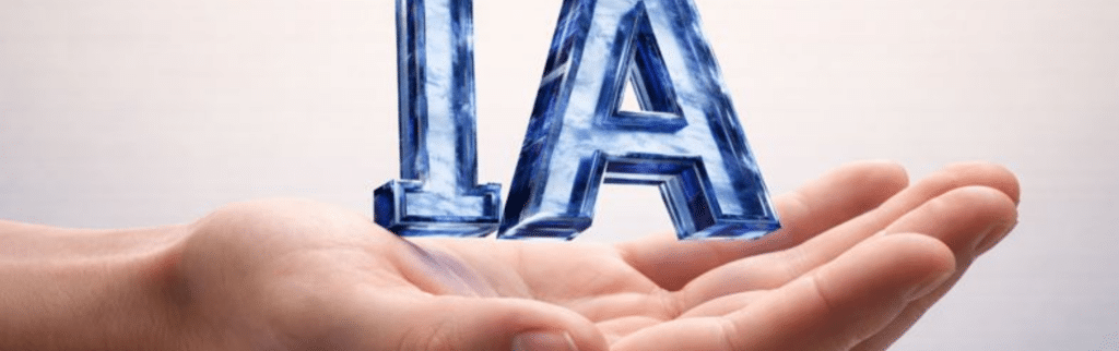Main humaine ouverte tenant la mention « IA », symbolisant une intelligence artificielle au service de l’humain.