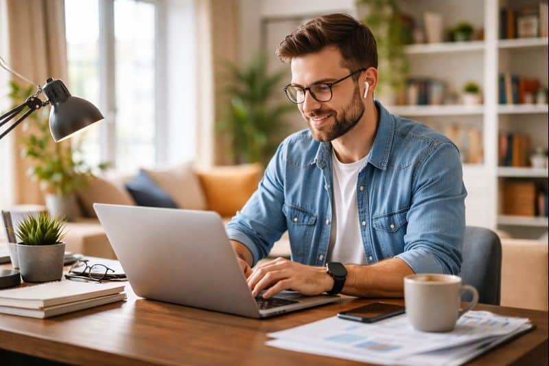 Un homme en télétravail utilise son ordinateur portable dans un espace lumineux, illustrant le quotidien moderne où intelligence artificielle et travail se complètent.